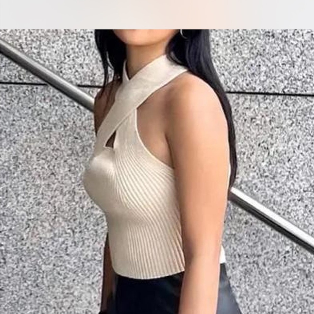 Cider Beige Rib Cross Knit Halter Top
